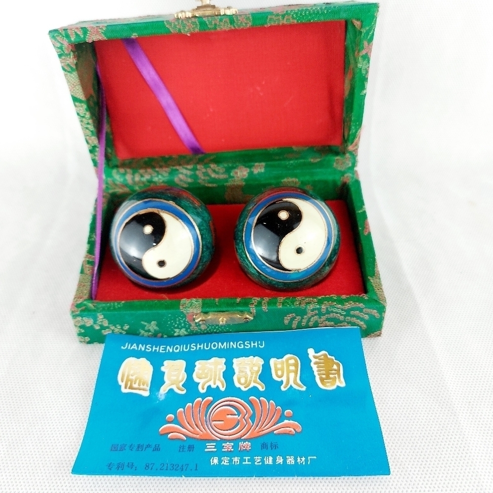 Vintage Ancient City Health Ball enamel Baoding Balls with Case Yin Yang Design